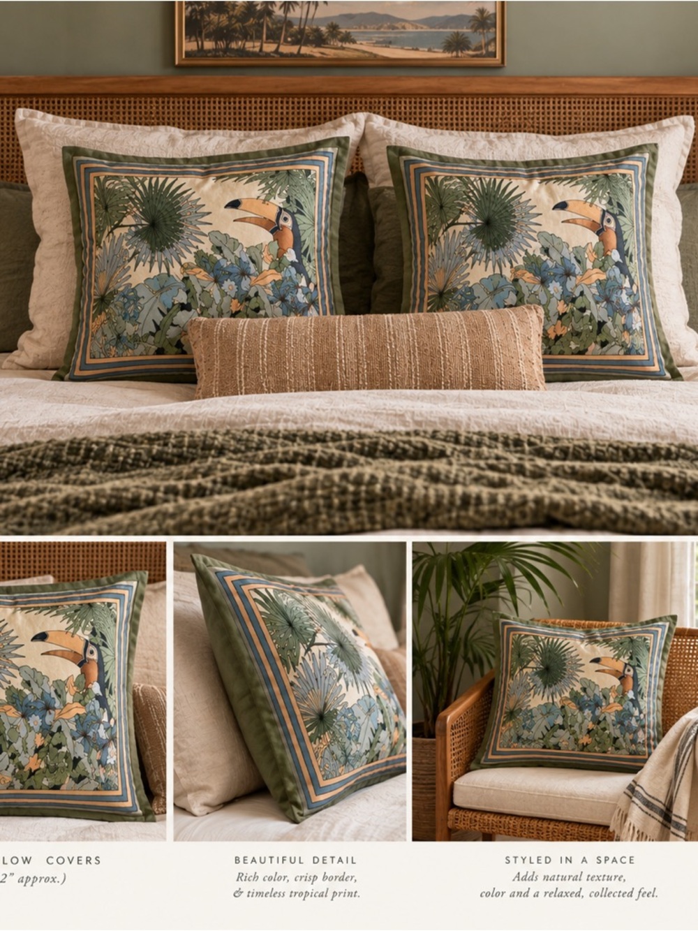 Vintage Jim Thompson 100% SilkTropical Toucan Print 15x15 Pillow Covers (2!)